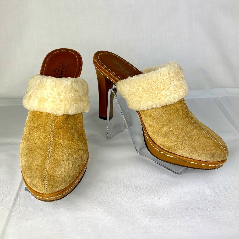 Coach Kacie Shearling Platform Mules | Tan Suede sz 7B Excellent condition